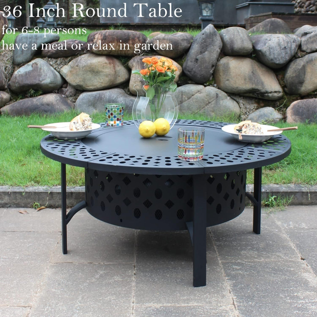 36 Inch Fire Pit with 2 Grills, Wood Burning Fire Pits for Outside with Lid, Poker and Round Waterproof Cover, BBQ& Outdoor Firepit & Round Metal - Image 2