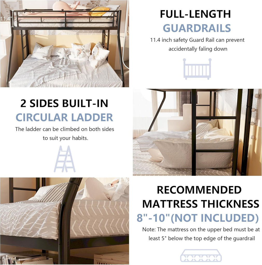 Metal Bunk Beds with Double Secured Ladders, Twin Over Full Bunk Bed with Surrounded Safety Guardrails