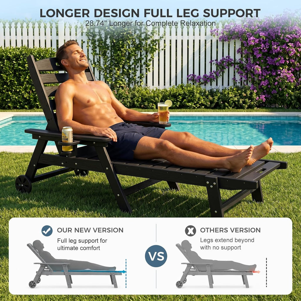 HDPE Pool Lounge Chairs Set of 2 with Wheels & Cup Holder, 6-Position Adjustable Outdoor Lounge Chair, Easy 20-Min
