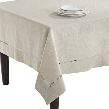Poly and Linen Blend Toscana Tablecloth with Hemstitch Border, Natural, 65"x140"