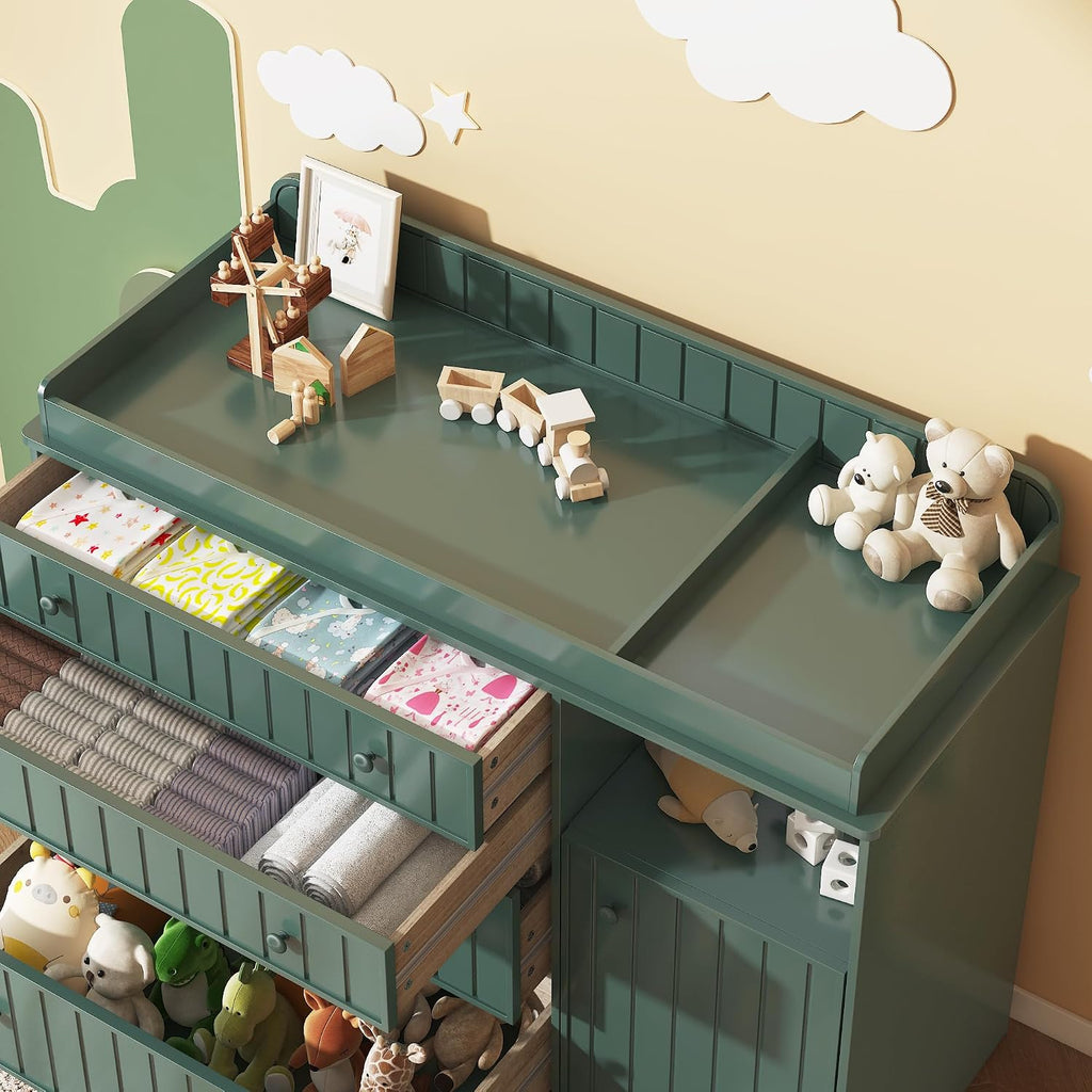 Green Changing Table Dresser | 37 In High Ergonomic, 4 Drawers, Cabinet, Open Space, Routed stripes, Curved Wrapping