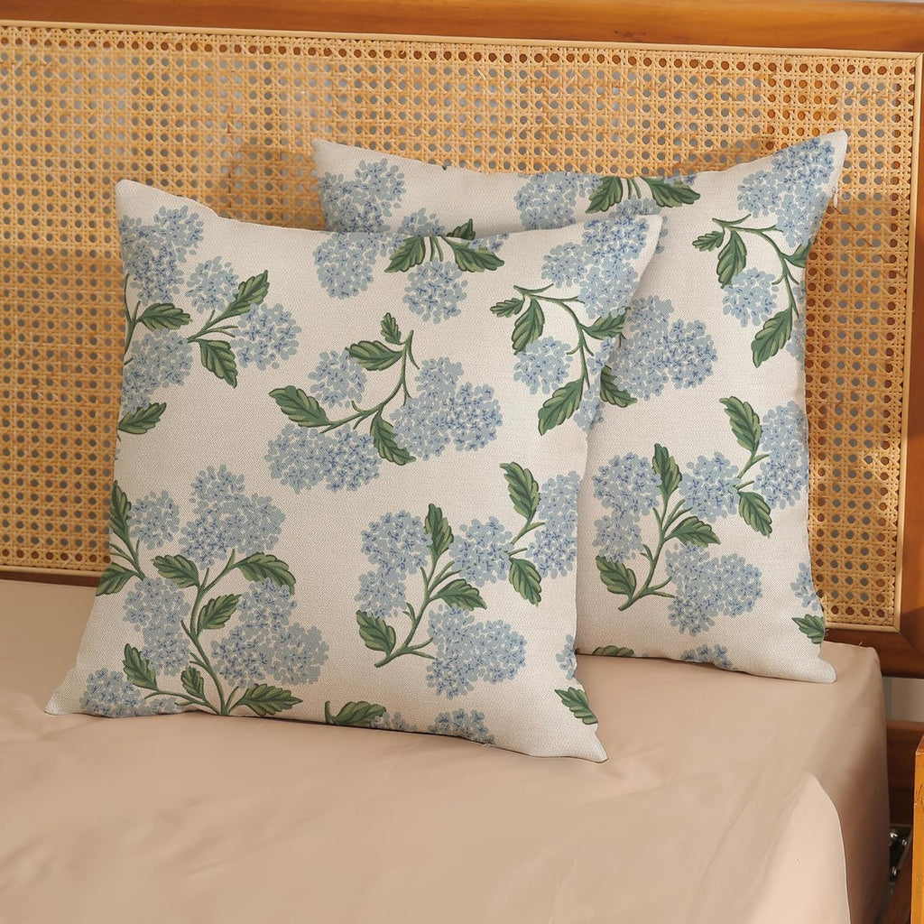 Spring Pillow Covers 18x18 Inch 2 Pcs Blue Green Hydrangea Flower Decor Throw Pillows Vintage Floral Seasonal Summer