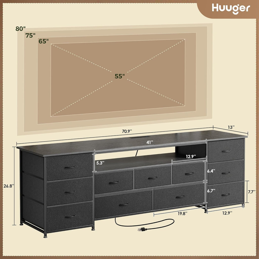 70 Inch TV Stand for 75, 80 Inch TV, 11 Drawer Long Dresser with Power Outlets and LED Lights, Entertainment Center