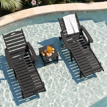 HDPE Pool Lounge Chairs Set of 2 with Wheels & Cup Holder, 6-Position Adjustable Outdoor Lounge Chair, Easy 20-Min