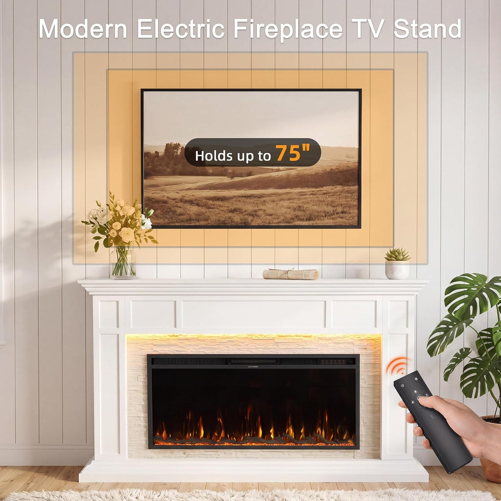 69" Electric Fireplace with Mantel, Freestanding Fireplace Console with 42" Insert for Livingroom/Bedroom, Realistic