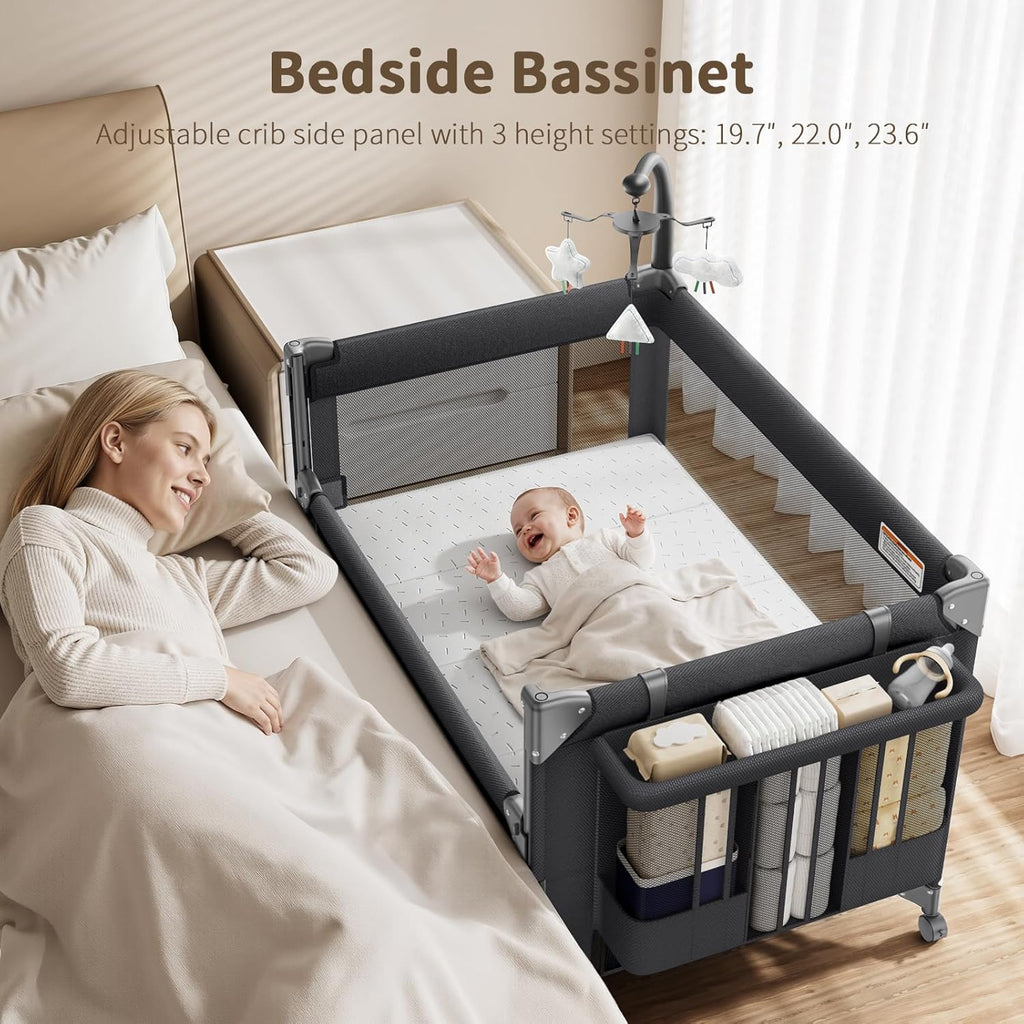 4 in 1 Baby Bassinet, One-Push Setup Pack and Play, Bedside Crib Sleeper with 3 Height Adjustable,Diaper Changer