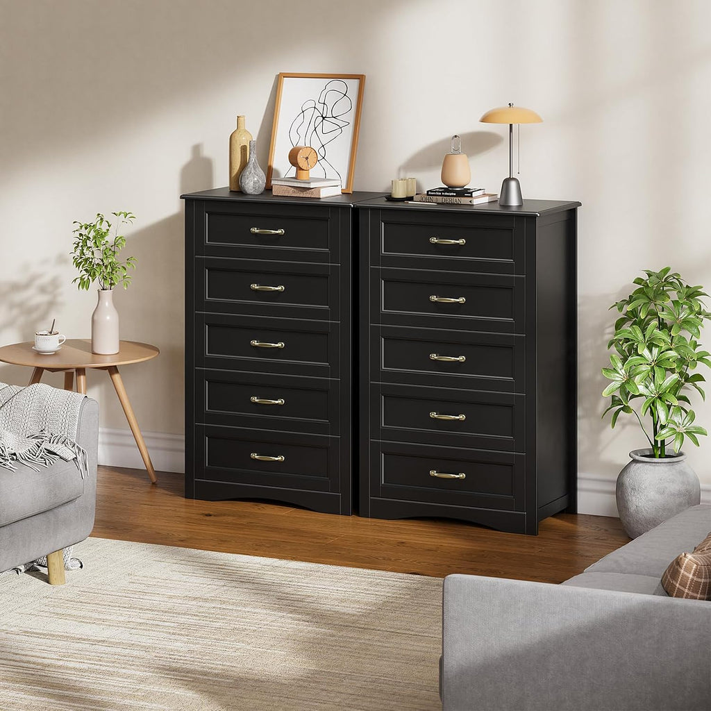 5 Drawer Dresser, Black Wood Chest of Drawers , 43.3" Large Capacity Storage Cabinet with Anti-Tip Device, for
