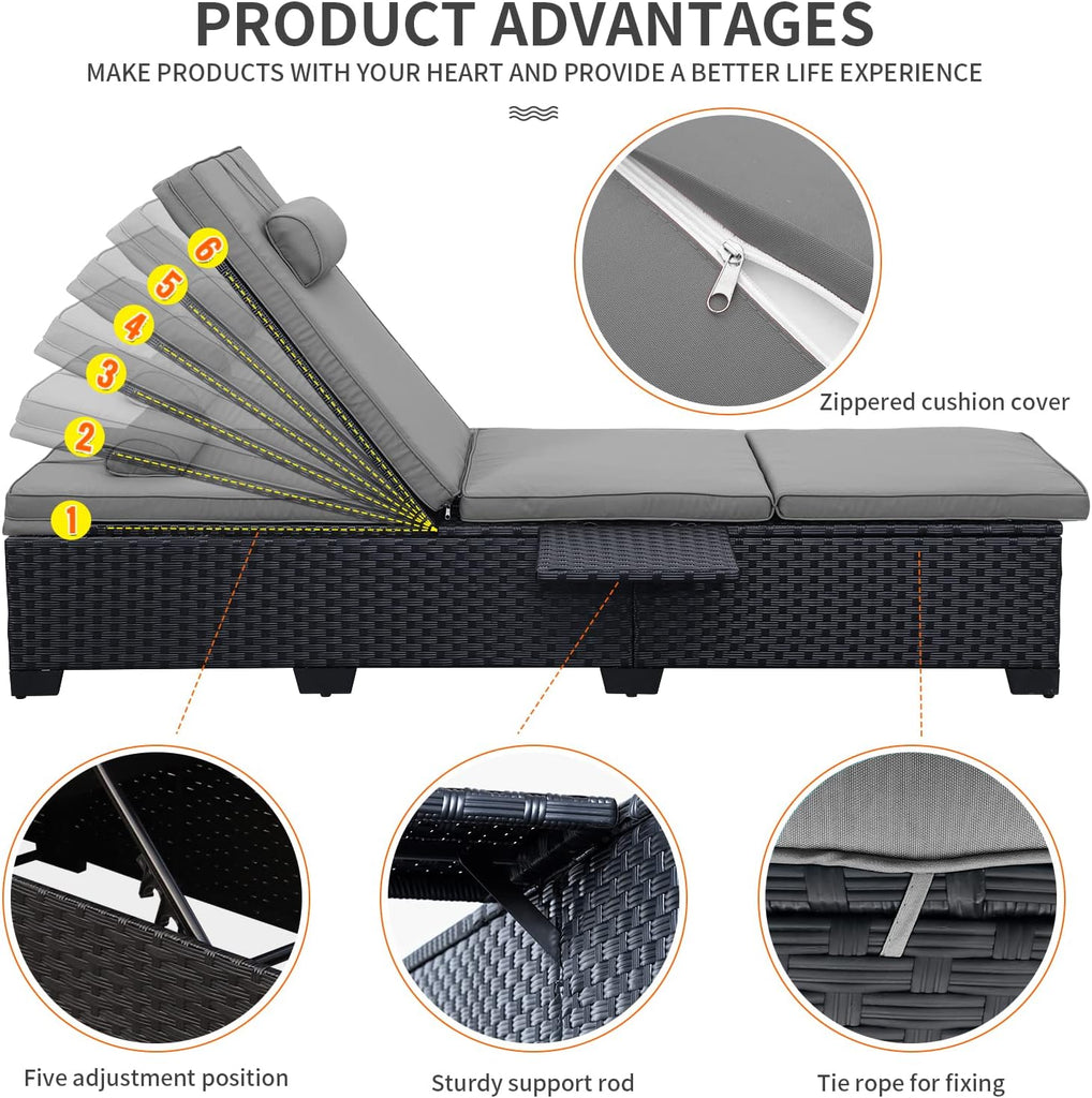 Outdoor Chaise Lounge Chairs for Outside Patio Furniture Set of 2 Wicker Recliner Black Rattan Sunbathing
