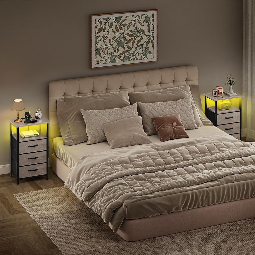 Night Stand Set 2 with Charging Station, LED Nightstand , Bedside Table with 3 Fabric Drawers, End Table Side Table