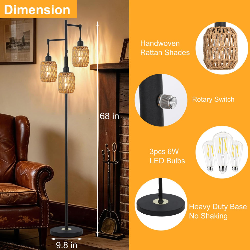 Boho Rattan Tree Floor Lamp, Black Dimmable Standing Lamp