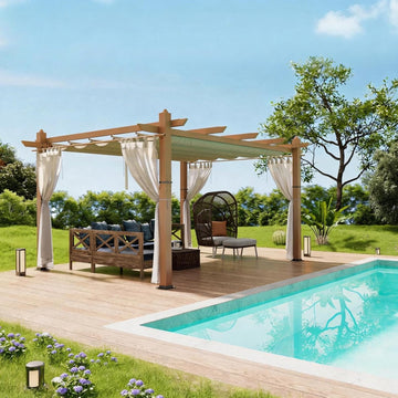 10 x 13 ft Wood Grain Aluminum Pergola with Retractable Canopy & Netting, Outdoor Sun Shade Shelter for Patio, Garden