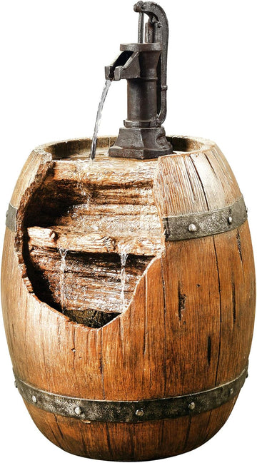 Vintage Barrel Waterfall Fountain with Pump Patio Garden Backyard Decking, 33 Inch Height, Wood