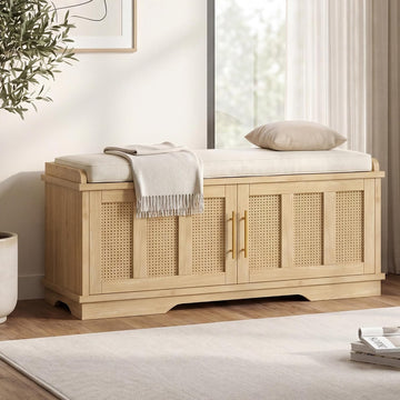Shoe Cabinet with Bench, Rattan Entryway Storage Bench with Cushion, Shoe Storage Bench Cabinet with 2 Doors