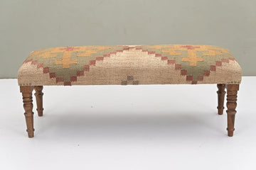 Acacia Wood Kilim Pattern Jute Fabric Decorative Upholstered Bench | Wooden Ottoman with Turned KD Legs , End of Bed
