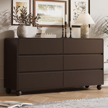 Mid-Century Modern 6 Drawer Dresser , 55" Wide Dressers Chest of Drawers, Handle Free & Curved Profile Design, Wood