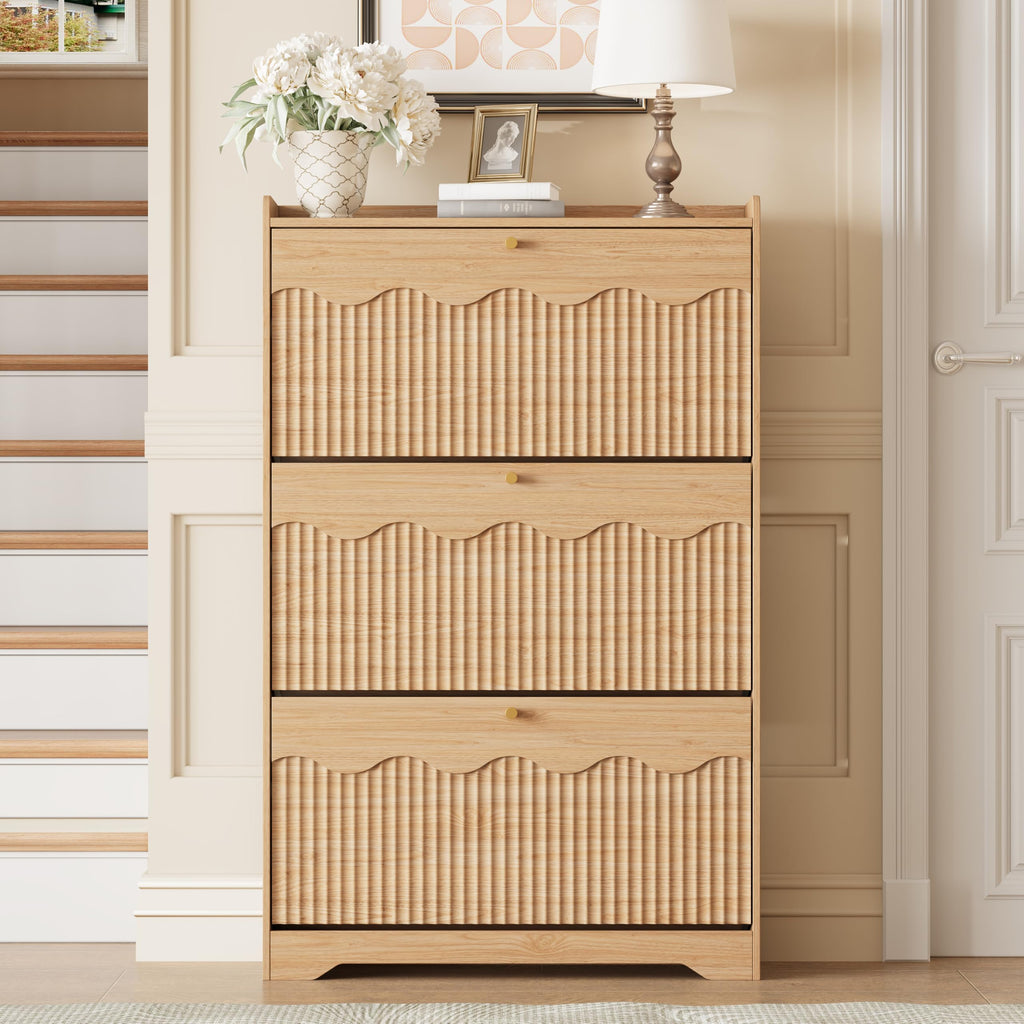 Shoe Storage Cabinet with 3 Flip Drawers and Modern Wave-Edge Fluted Panels, Slim Shoe Rack, Freestanding Narrow