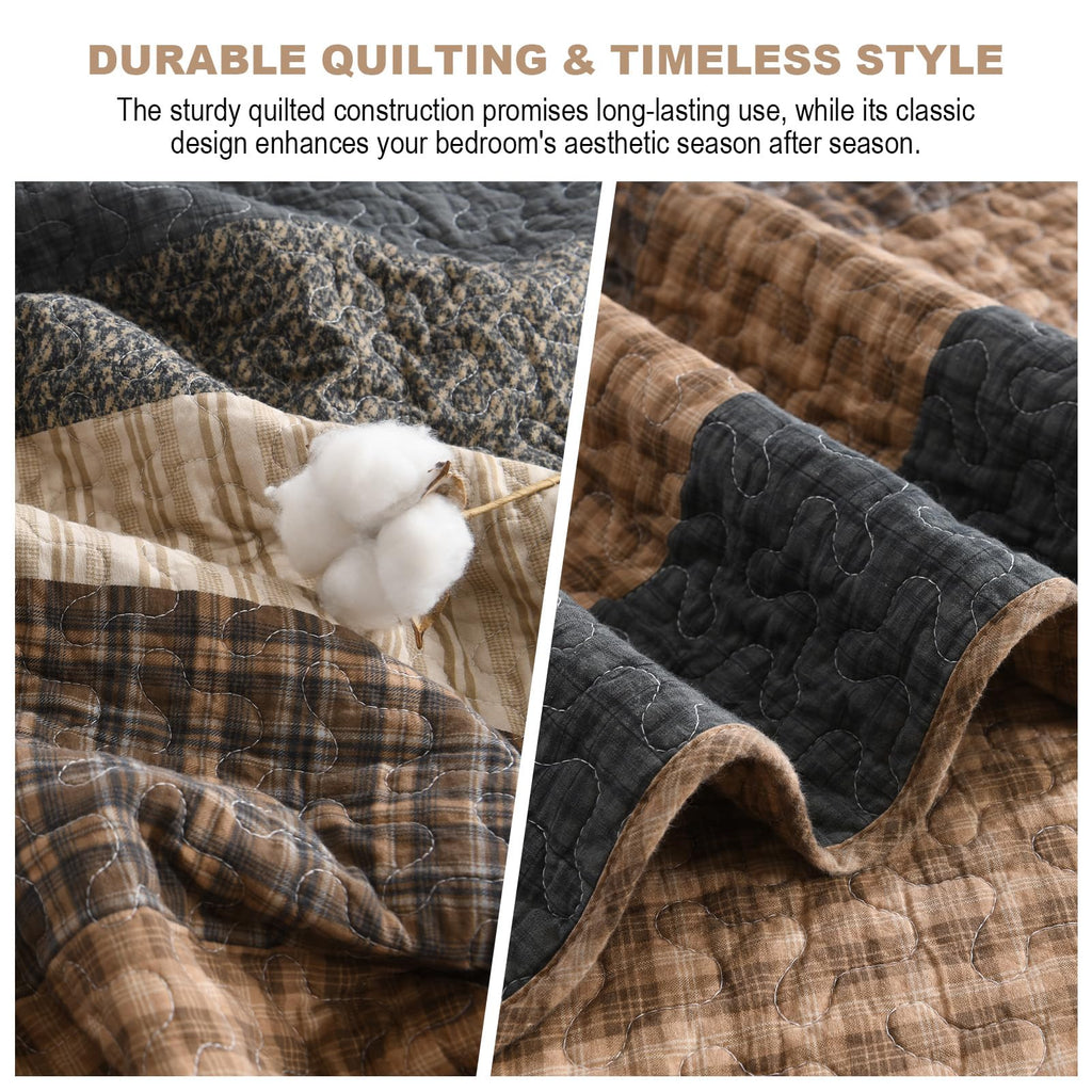 100% Cotton Farmhouse Quilt, Bedspread Set with Pillow Shams, Rustic Patchwork Striped Bedding