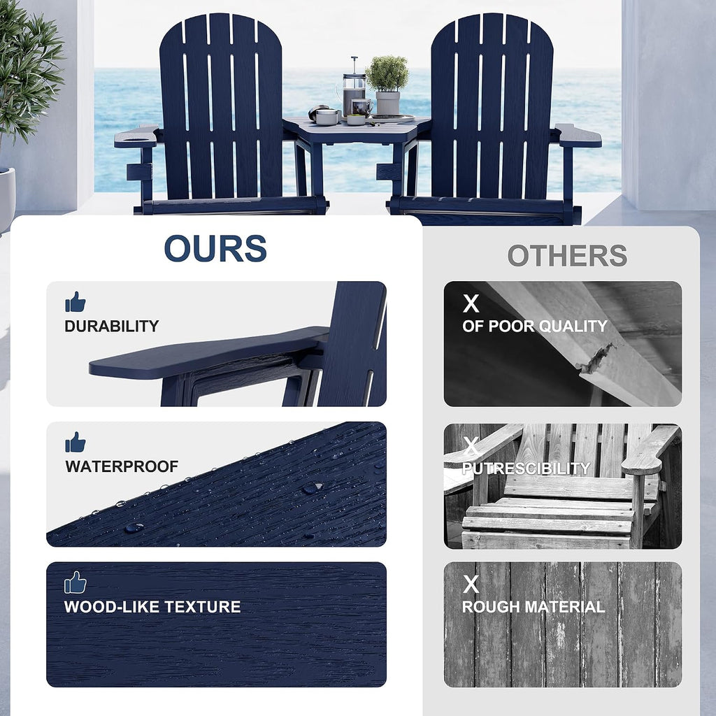 Adirondack Chairs Set of 2 with Removable Tabletop, Outdoor HDPE Plastic Fire Pit Chair Set with Wooden Textured, Cup