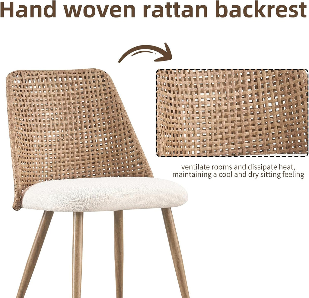 Rattan Dining Chairs Set of 4, Rattan Dining Chairs with Cane PE Rattan Backrest,Upholstered Boucle Fabric Dining
