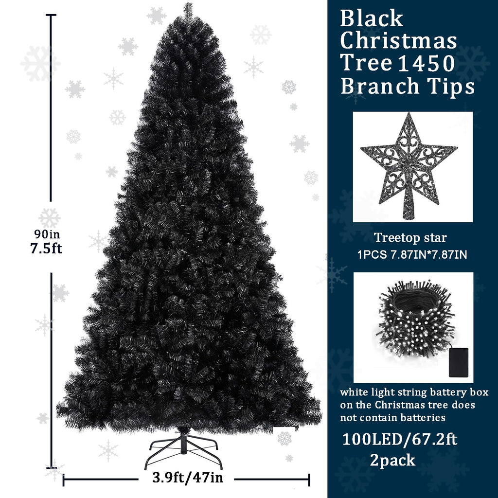 7.5ft Black Christmas Tree Artificial Halloween Tree Decorations with 1, 450 Tips-1pcs Treetop Star 2 Set 200 Led