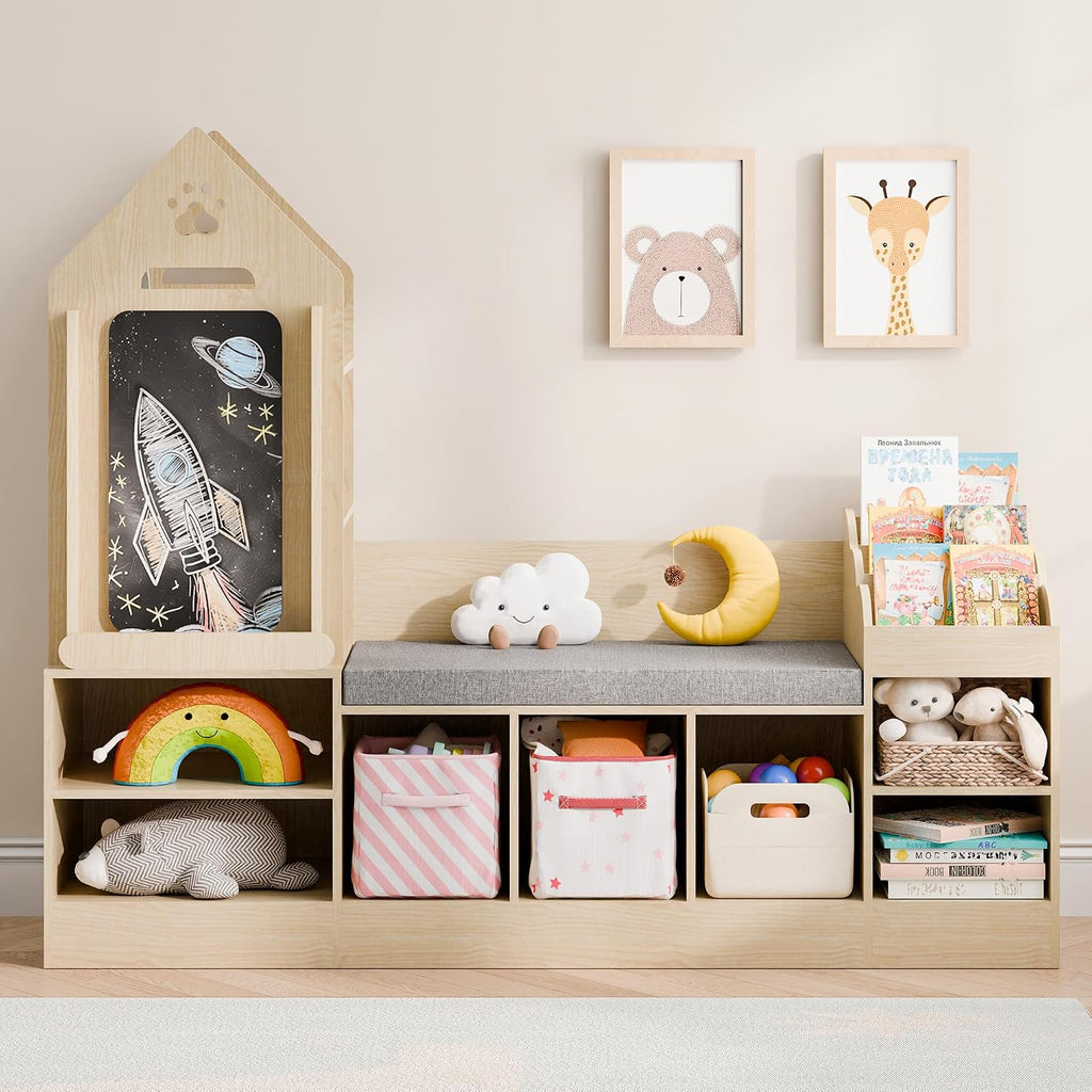 Kids Bookshelf with Reading Nook, Wooden Toy Storage Organizer with Chalkboard and Bench, Kids Reading Nook for