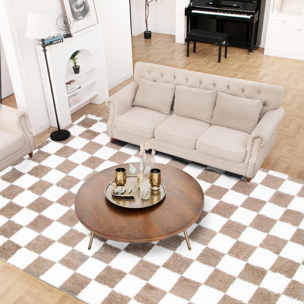 Super Soft Rug, 5x7 Ft Beige and White Area Rug Classic Checkered Shaggy Anti-Skid High Pile Soft Fluffy Rug Fuzzy
