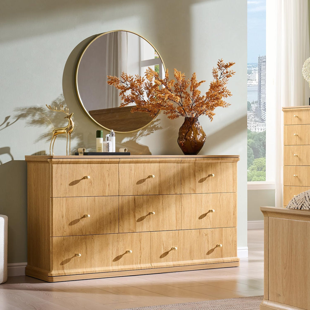 Modern 8 Drawers Dresser , 55" Wide Wood Dressers & Chests of Drawers w/Curved Waterfall Edge, Large Storage Dressers