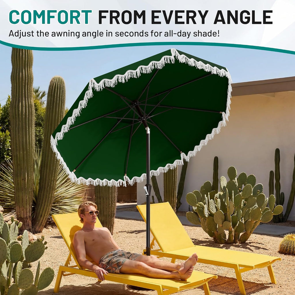 9ft Patio Umbrella with Fringe Tassels, Wind-Resistant Fiberglass Ribs - Dark Green