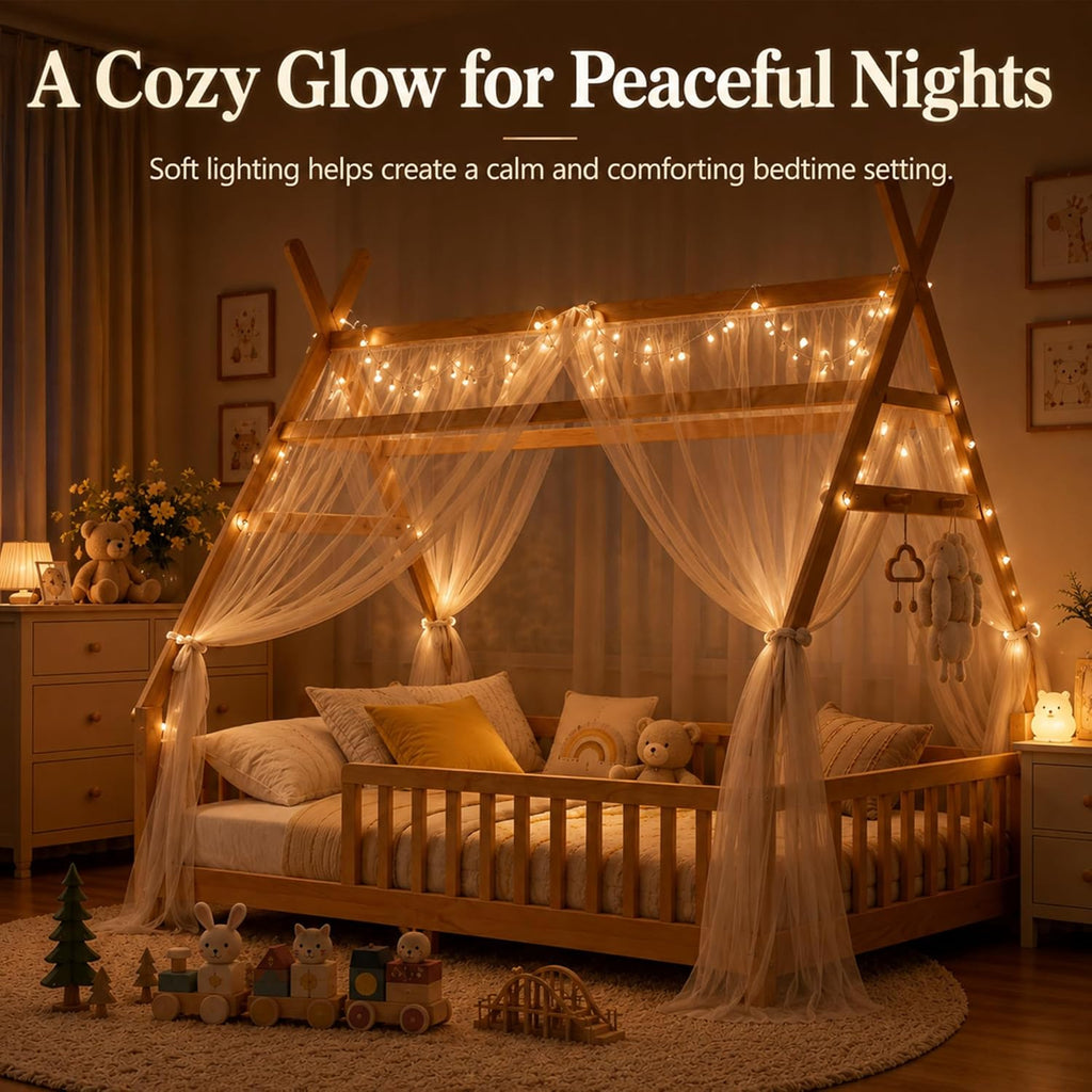 Full Size Montessori Floor Bed with Guardrails and LED Light, Tent-Shaped Full House Bed for Kids, Wood Full Bed