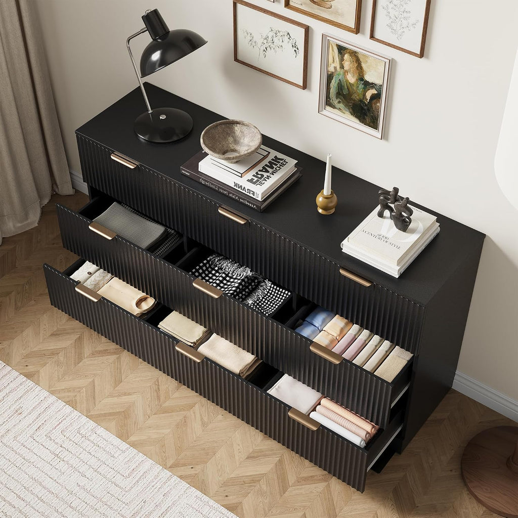 Fluted 9 Drawer Dresser , 59" Wide Wood Chest of Drawers with Metal Handle, Long Dresser Storage Organizer TV Stand
