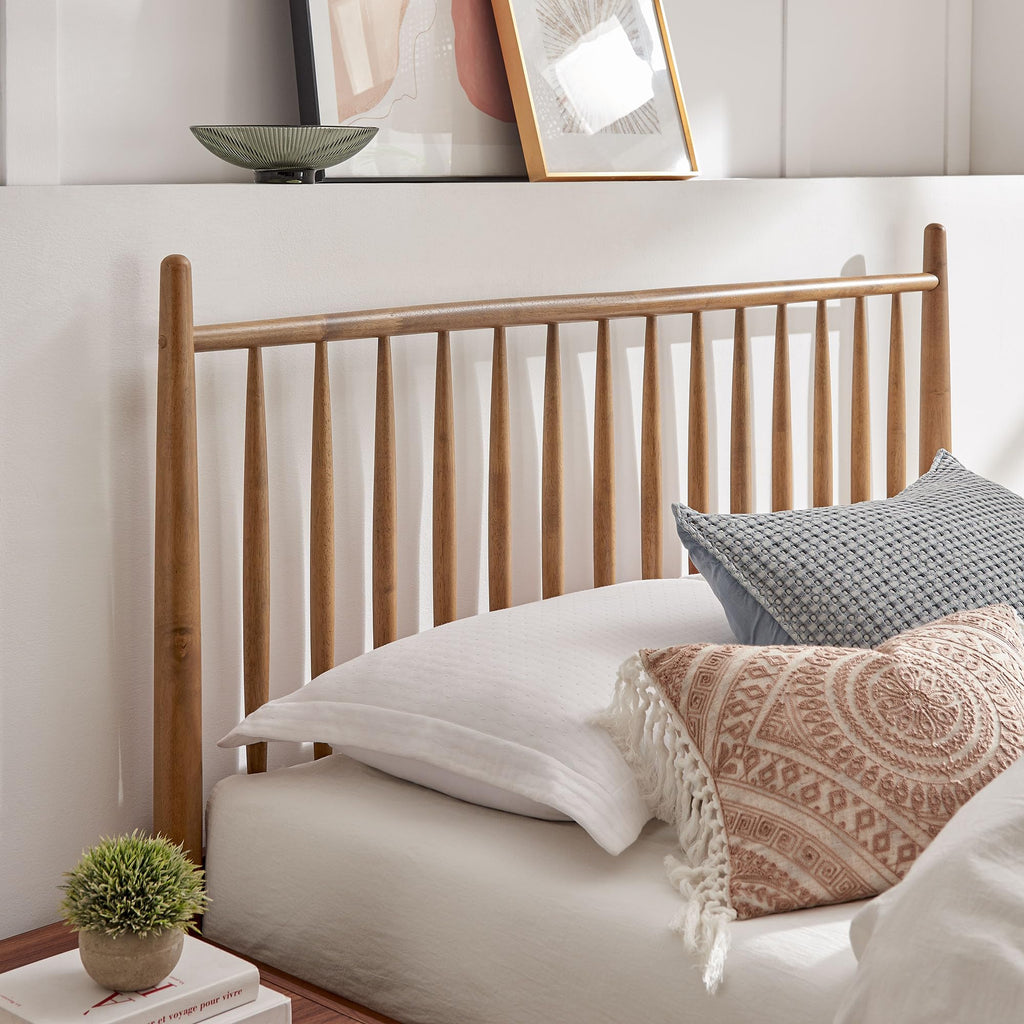Zane Queen Size Spindle Bed in Walnut - Solid Wood Platform Bed Frame with Headboard, No Box Spring Needed