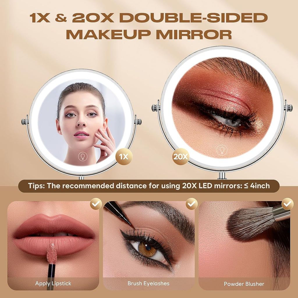 Makeup Mirror with Lights, 1x/20x 360° Rotation Vanity Mirror, Brightness Adjustable Lighted Makeup Mirror with