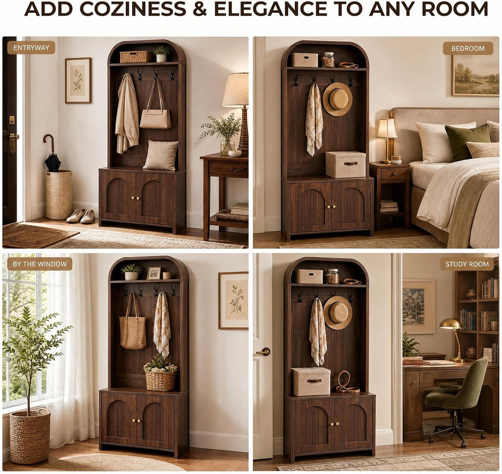 Narrow Entryway Hall Tree with Storage Bench, Modern Fluted Coat Rack and 2-Door Shoe Cabinet , Arched Mudroom