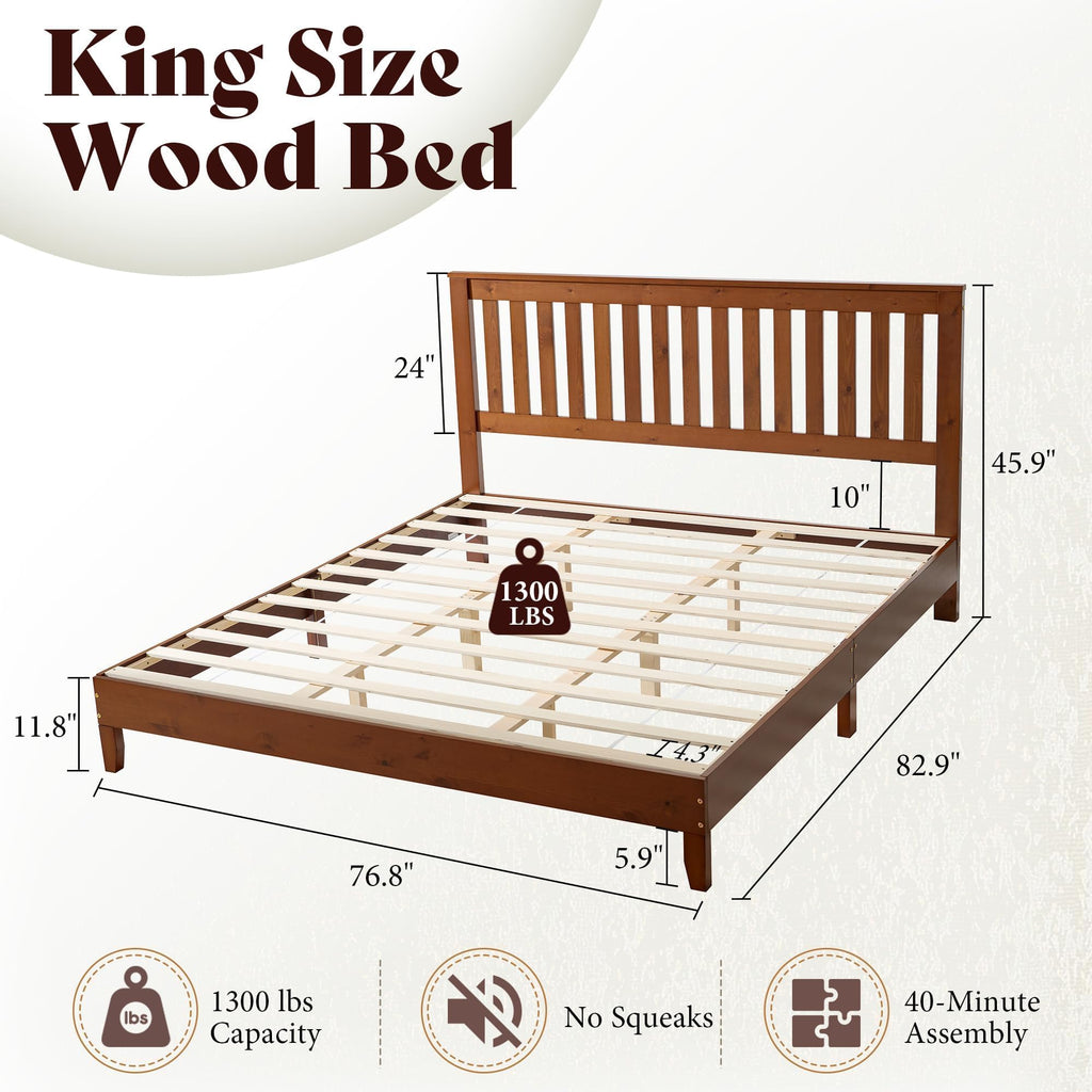 Solid Wood King Size Bed Frame with 46" Headboard, Walnut