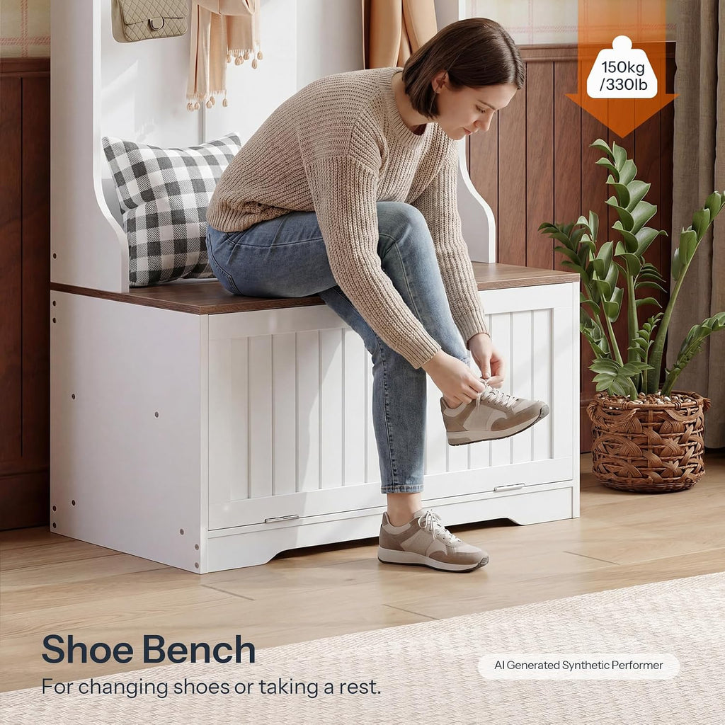 Hall Tree with Bench, 15.7''W Entryway Bench with Coat Rack, Shoe Cabinet with Flip Drawer, LED Hall Tree with 9