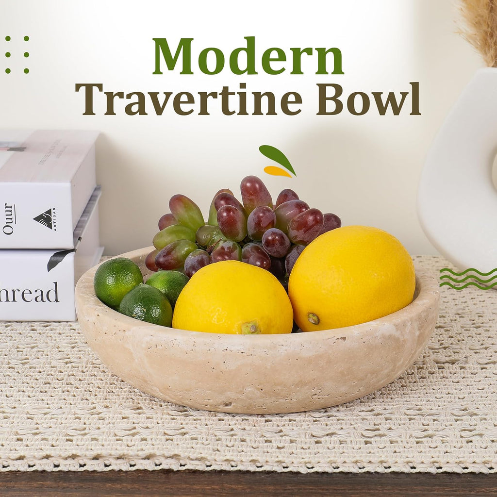 Travertine Decorative Bowl - 7.8" Diameter & 2" Height - Key Bowl Table - Travertine - Organic Modern Centerpiece