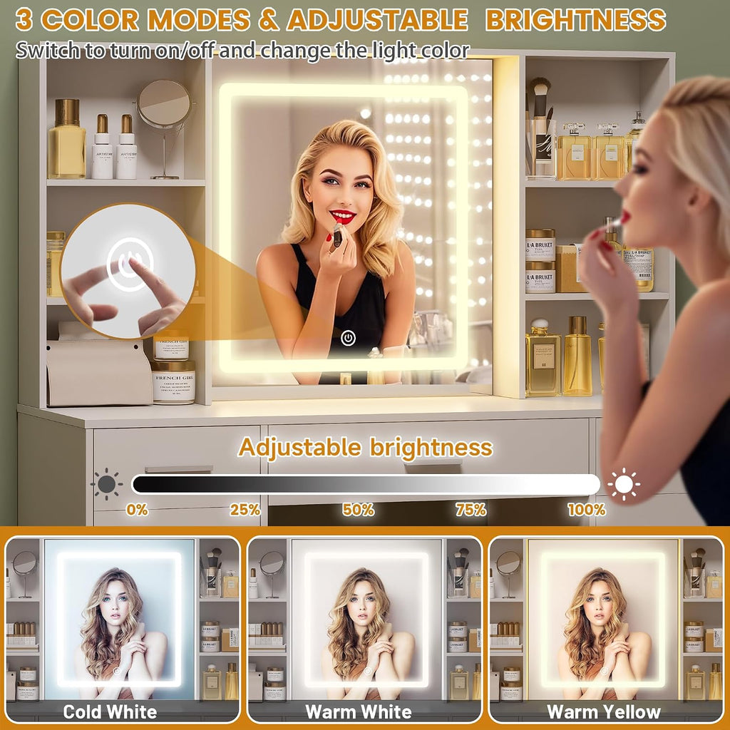 Vanity Desk with Mirror and Lights, Makeup Vanity Desk with 9 Drawers & 6 Shelves, Make up Vanity, Dressing Table
