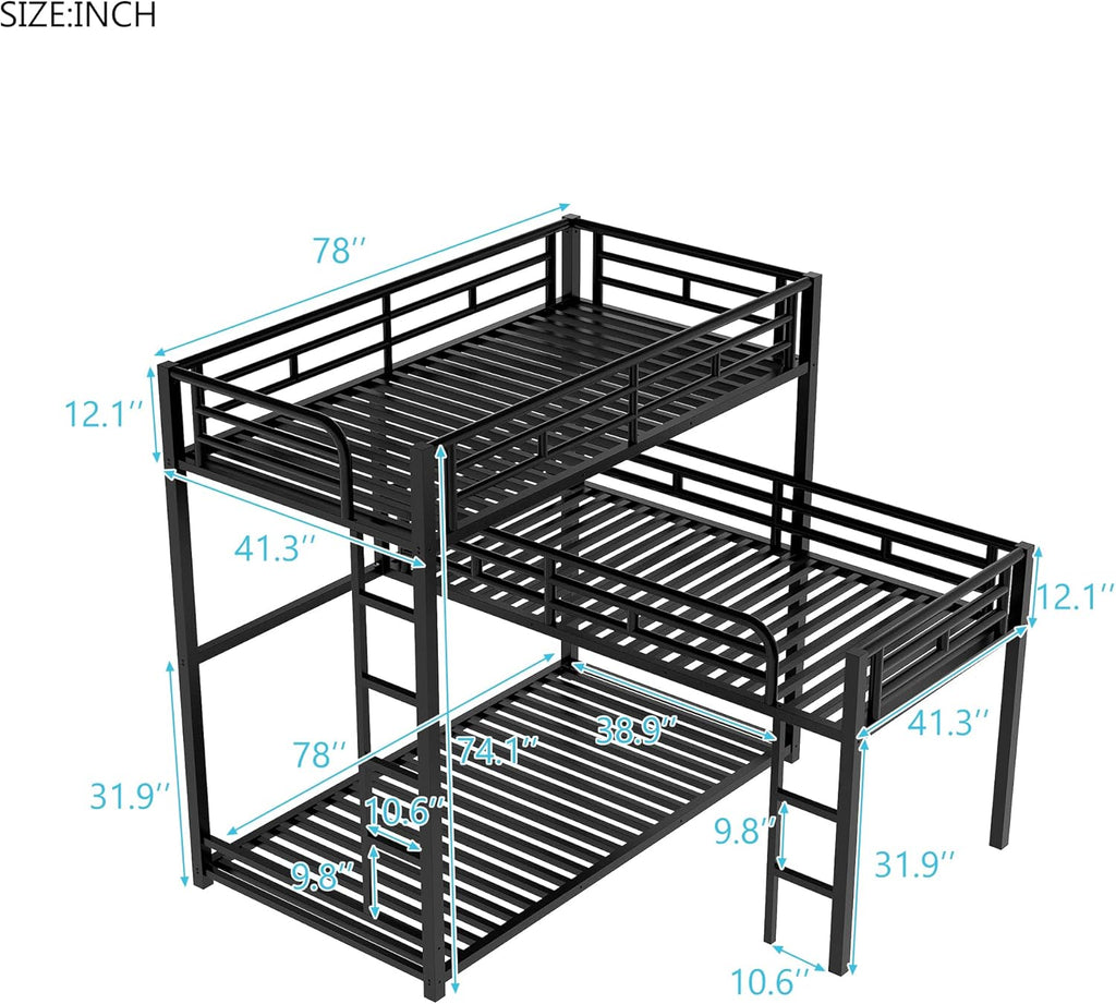Metal Triple Bunk Bed Twin, L-Shaped Metal Triple Bunk Bed Frame, 3 Beds Bunk Bed for Kids Teens Adults - Black