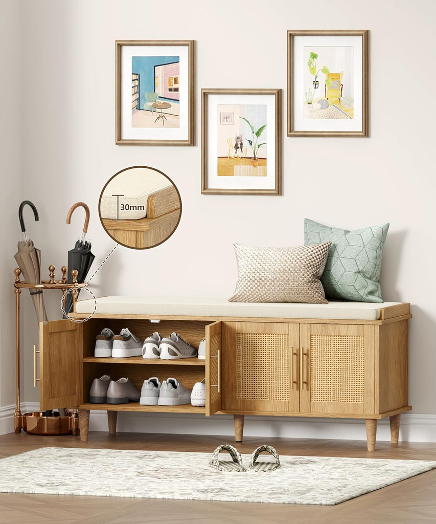 Rattan Shoe Storage Bench with Cushion, 2-Tier Entryway Bench with Adjustable Shelves and 4 Doors, 15" D x 47.2" W x