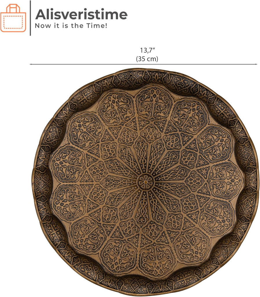 Turkish Ottoman Coffee Tea Serving Tray - 13.60 inches, Metal with Traditional Motifs, Available in Five Colors