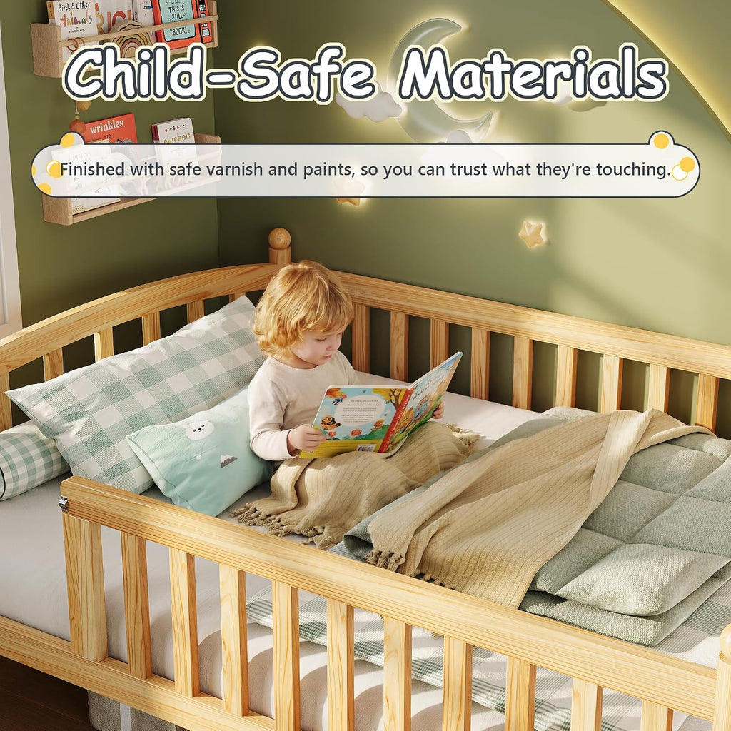 Twin Montessori Floor Bed Frame with High Rails and Door, Low-Profile Wood Kids Bed Frame with Slats, Twin Size