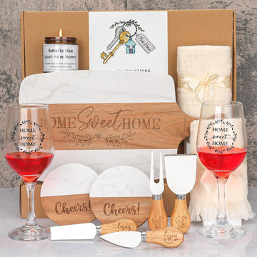 House Warming Gifts New Home - Marble & Acacia Wood Cheese Board, 4 Cheese Knives, Candle, 2 Wine Glasses, 2