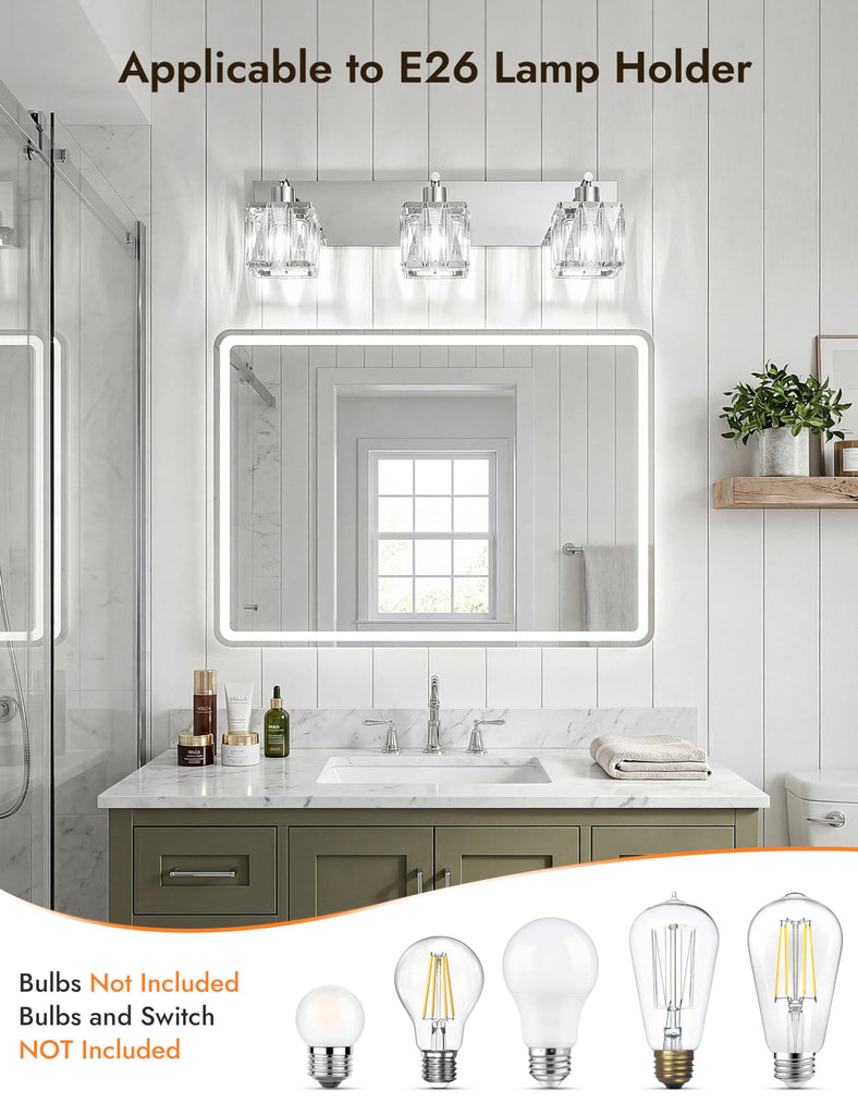 3-Light Crystal Bathroom Vanity Light Square, Chrome