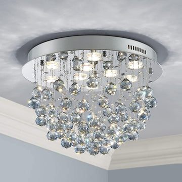 9-Lights Modern Chandelier K9 Crystal Light Fixture,Modern Flush Mount Ceiling Light Fixtures Raindrop Chandelier for Dining Room,Living Room, Light Blue Crystal & Chrome Finish