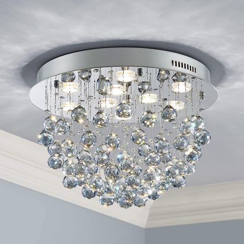 9-Lights Modern Chandelier K9 Crystal Light Fixture,Modern Flush Mount Ceiling Light Fixtures Raindrop Chandelier for Dining Room,Living Room, Light Blue Crystal & Chrome Finish A100-B0B5628K73
