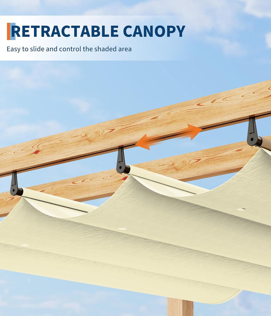 10 x 13 ft Wood Grain Aluminum Pergola with Retractable Canopy & Netting, Outdoor Sun Shade Shelter for Patio, Garden