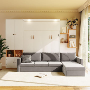 Queen Murphy Bed with Large Sofa, Storage Shelves & Cabinets, Modern Space-Saving Wall Bed with Dual Lights, White+Gray
