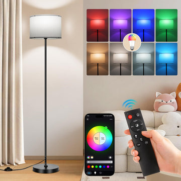 Floor Lamp - Bedroom Standing Tall Lamps with Remote & Color Changing Light Bulbs - Dimmable Mordern Corner Lights