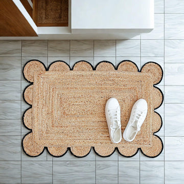Scalloped Jute Area Rug - 2x3 Ft Natural Handwoven Rug with Black Trim - Farmhouse Boho Entryway Acc