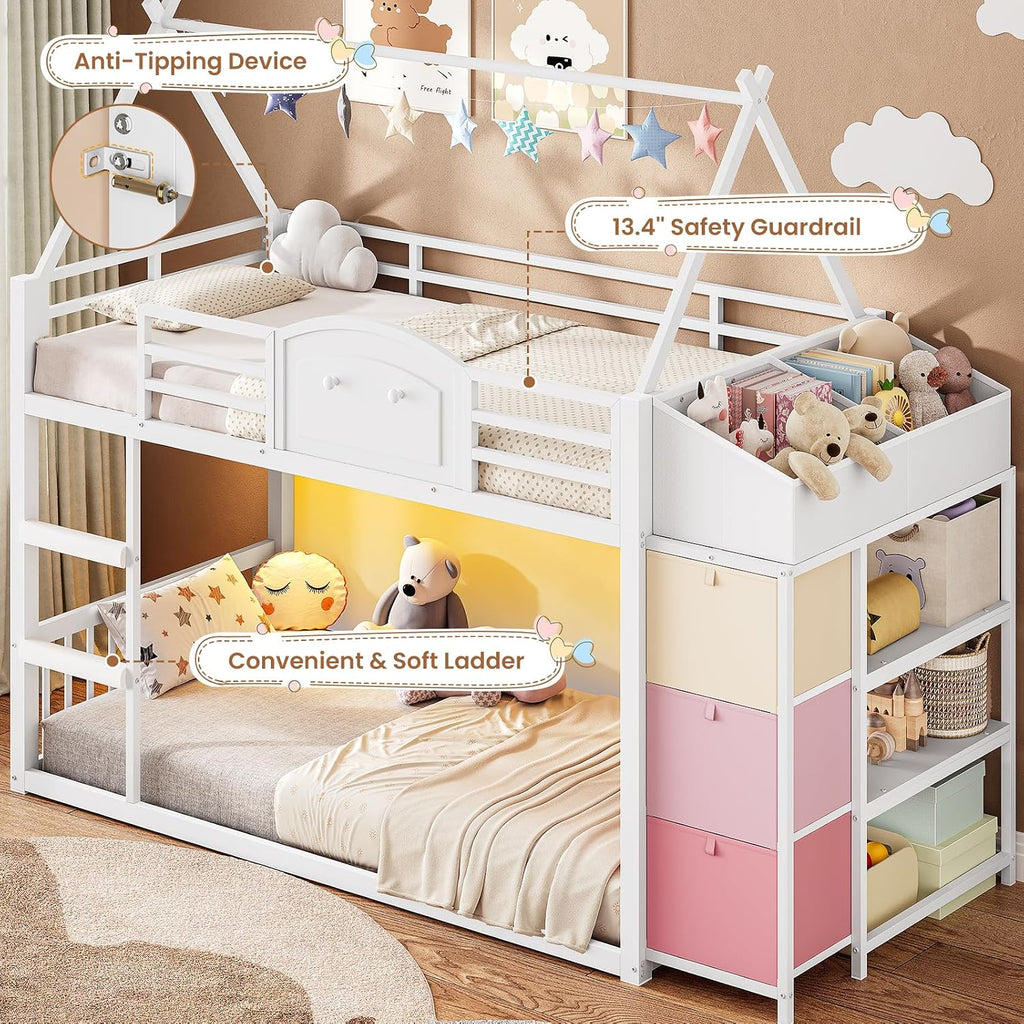 Bunk Bed Twin Over Twin with 3 Storage Drawers and Shelves, House Shaped Bunk Bed with Stairs and Guardrail